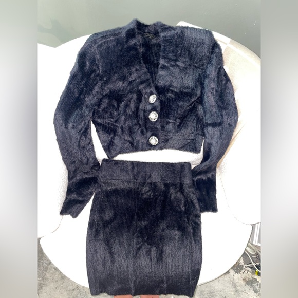 Revolve NBD Grace Fuzzy Cardigan Skirt Set Black - Picture 7 of 11